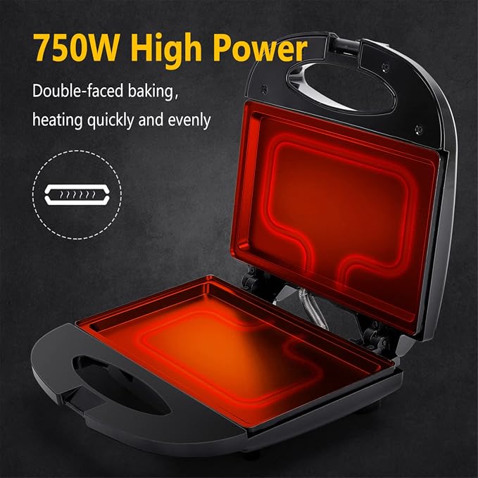 Aigostar Sandwich Maker Flat with Non-stick Deep Grill Surface, Black | 750W, Cool-Touch Handle, Overheat Protection, Compact Electric Grill for Egg, Ham, Steak, Tostadora de Pan, ETL Certificated