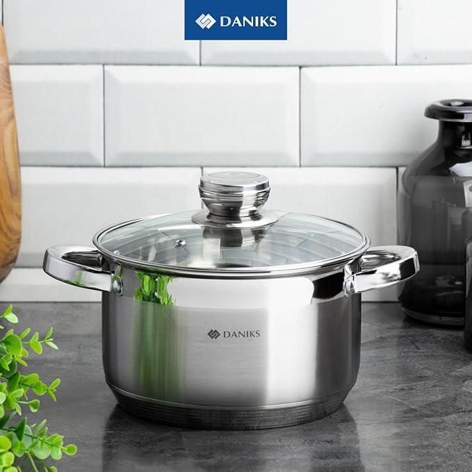 Daniks Standard 10 Quart Stainless Steel Stock Pot with Glass Lid, Tri-Ply Bottom for Even Heating, Induction Compatible, Dishwasher Safe, Built-In Measuring Scale, Silver