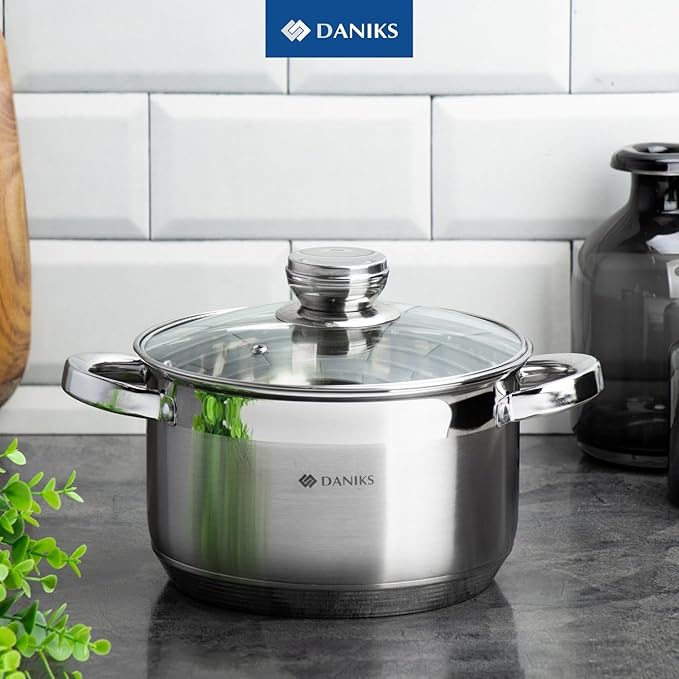 Daniks Standard 7 Quart Stainless Steel Stock Pot with Glass Lid, Tri-Ply Bottom for Even Heating, Induction Compatible, Dishwasher Safe, Built-In Measuring Scale, Silver