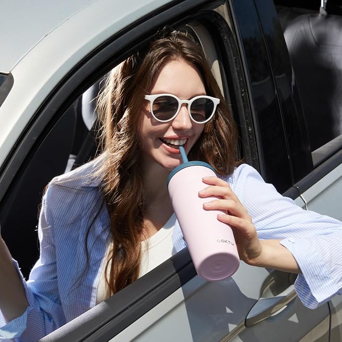 COKTIK 16oz Insulated Tumbler with Lid and Straw Iced Coffee Cup Reusable Stainless Steel Travel Mug Water Bottle Cupholder Friendly for Women Men Her Him (Blush)
