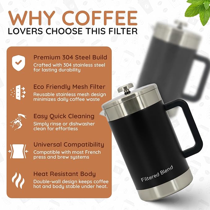 54 oz French Press Coffee Maker, Stainless Steel, Double Filter, Black | 54 oz Capacity, French Press Coffee Maker, Stainless Steel, Double Mesh Filter, Hot & Cold Brewer, Travel Friendly, Black