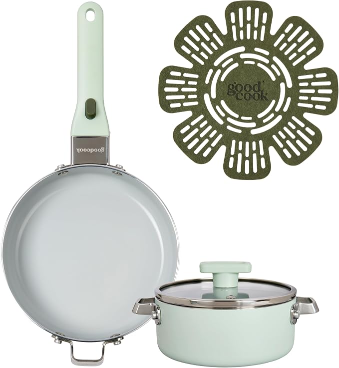 GoodCook Ceramic Cookware Set 5-Piece with Removable Handle, Induction Compatible, Nonstick and Oven Safe with 8-Inch Frypan, Sage Green