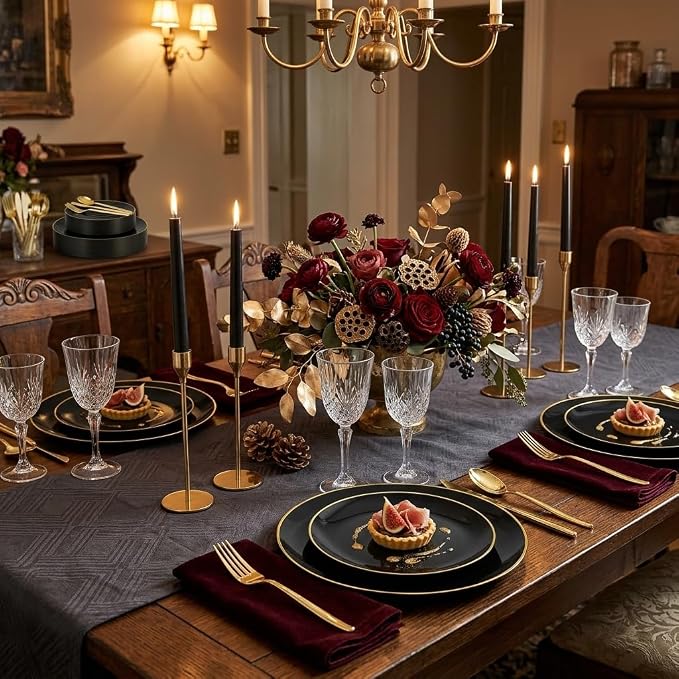 150Pcs Black Plastic Plates , Heavy Duty Black Plates for 30 Guests | Black Disposable Plastic Plates,Include 30 Dinner Plates,30 Dessert Plates and 90 Gold Cutlery Set for Party,Wedding