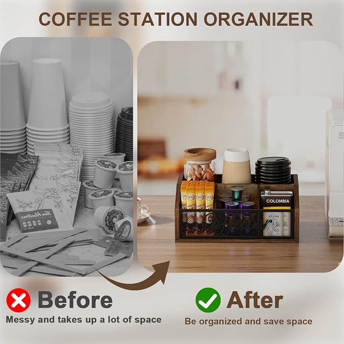 YINMIT Coffee Station Organizer for Countertop, Wood Coffee Bar Organizer with Removable Dividers for Pods, Syrup, Cups, Stirrer, Tea - Office Coffee Bar Accessories, Iron Mesh-Vintage Brown