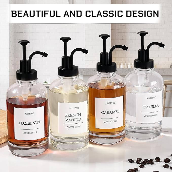 Coffee Bar Accessories,MHDCLY Coffee Syrup Dispenser - 4pack,16.9oz Syrup Dispenser with Labels ，Syrup Pump Dispenser for Coffee Bar(Black Pump)