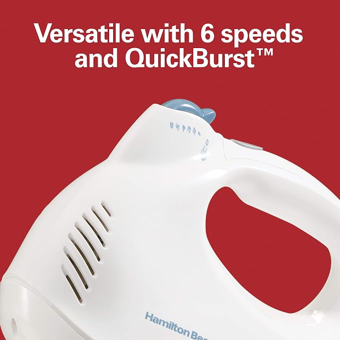 Hamilton Beach Power Deluxe 6-Speed Electric Hand Mixer With QuickBurst | Powerful 250 Watt Motor | Traditional Beaters | Whisk | Snap-On Storage Case | Bowl Rest | White | 62695V