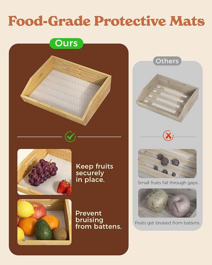 2-Tier Bamboo Fruit Basket with 2 Banana Holders | Large tiered organizer for bread, snacks, veggies. Sturdy bamboo, includes mats & dividers. Easy to assemble.