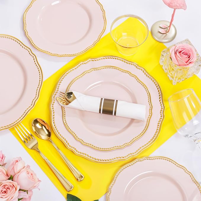175 Pcs Pink and Gold Plastic Plates Wedding & Party | Pink Plastic Dinnerware Set Includes 25 Dinner Plates, 25 Dessert Dinnerware, 25 Cups, 25 Napkins