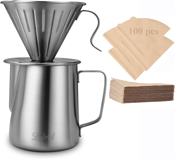 Lalord Pour Over Coffee Maker, 304 Stainless Steel wIth 100 pcs Paper Filters & 600ml Milk Frothing Pitcher, for Home & Camping