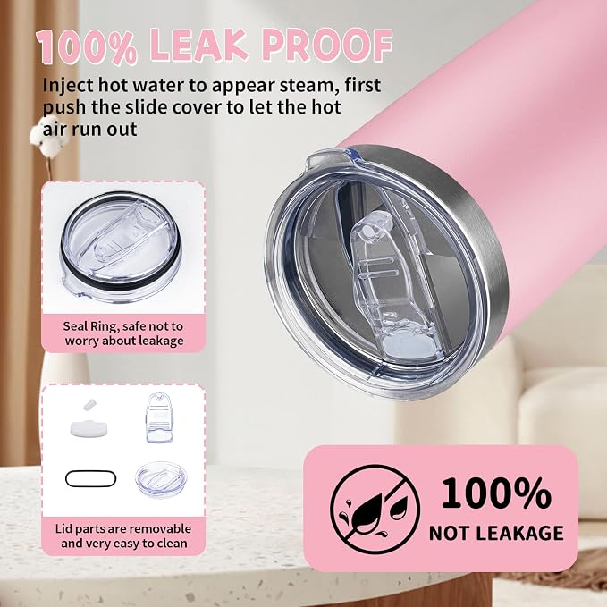 20 oz Tumbler with Lids and Straws, Stainless Steel Insulated Coffee Tumbler, Double Wall Vacuum Insulated Travel Mug Cup, Leakproof Thermal Coffee Cup for Hot and Cold Drinks (light pink)