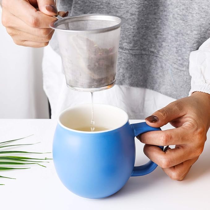 Yundu 12 OZ Matte Blue Ceramics Teacup with Infuser and Lid, Mug with Lid for Steeping - Stainless Steel Infuser for Loose Leaf Tea, Home Office Gift for Tea Lovers