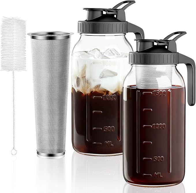 2 Pack Cold Brew Coffee Maker, 64oz Mason Jar Pitcher with 100μm 304 Filter | 100μm Fine Mesh, 304 Stainless Steel Filter, Airtight, Leakproof, Pour Flip Spout, Ergonomic Handle, Wide Mouth, Heavy-Duty