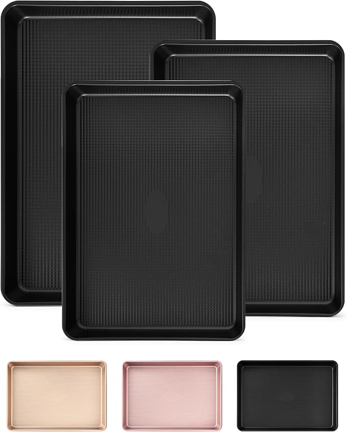 Saker 3-Piece Heavy Duty Carbon Steel Baking Sheets Set Non-Stick | | Cookie Sheets,Oven Safe, Even Heating, for Baking, Roasting, Cooking – Professional Grade (Black)