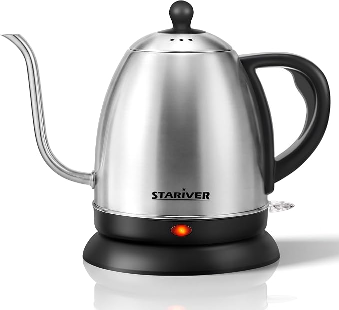 Stariver Gooseneck Electric Kettle, 1L Stainless Steel Pour Over Tea Pot | Fast Heating, Auto Shut-Off, Boil-Dry Protection, BPA-Free, for Pour Over Coffee, Tea, Drip Brew, Home or Office