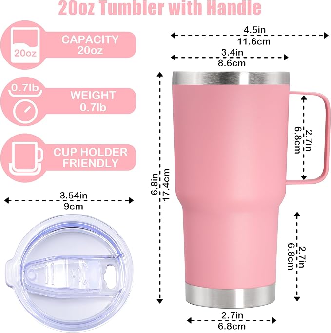 20 oz Tumbler with Handle Coffee Tumblers with Lid Travel Mug Pink 6P | 20oz Tumblers with Handle Double-Wall Insulated Vacuum Coffee Mugs Stainless Steel Tumbler with Handles&Lid Pink 6P