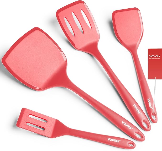 Silicone Spatula Set, 600°F Heat Resistant Silicone Spatula Turner Flipper for Cooking, Non Stick and Non Scratch Kitchen Utensils for Eggs & Pancakes, 4 Pack, Red