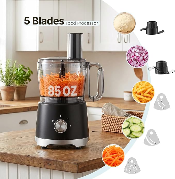 OLIXIS Food Processor 10.5 Cups, 600W Powerful Food processors with 5 Blades, Dishwasher Safe Meat Grinder for Slicing, Shredding, Chopping, Kneading, for Meat, Vegetables, Fruit, Dough