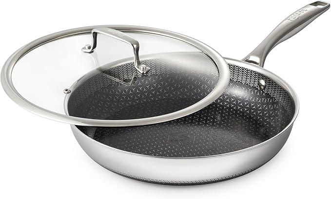 12 Inch Hybrid Nonstick Frying Pan with Lid, Tri-Ply Stainless Steel Pan with Non-Toxic Ceramic Coating, FDA Compliant & PFAS-Free, Dishwasher & Oven Safe, Induction & All Cooktops Compatible