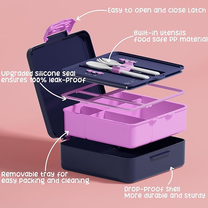 Fimibuke Kids Bento Snack Lunch Box with Thermo Insulated Toddler Lunch Bag | Lunch Box Kids with 4 Compartment, Food Jar, Ice Pack, Utensils, Birthday Gifts for Ages 3-12 Back to School Toddler Girl Boy