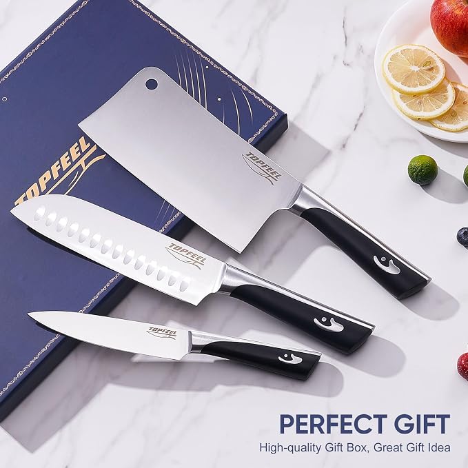 Topfeel 3PCS Butcher Knife Set,German High Carbon Steel Meat Cleaver | Includes 7" heavy-duty bone chopper, 7" Santoku and 5" utility knife with ergonomic ABS handles and gift box