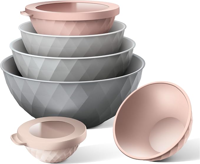 COOK WITH COLOR Mixing Bowls with Lids - 12 Piece Plastic Nesting Bowls Set includes 6 Prep Bowls and 6 Lids, Microwave Safe Mixing Bowl Set, Grey/Pink Diamond