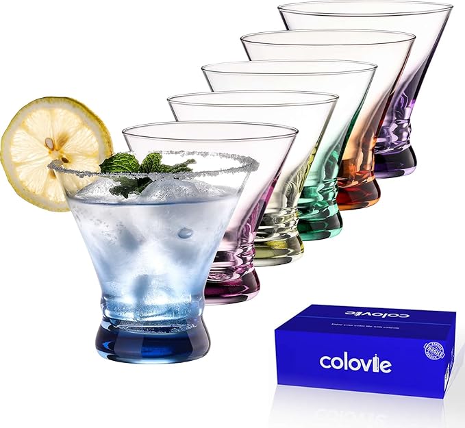 ColoVie Martini Glasses Set of 6 - Cocktail Glasses - 8oz Stemless Margarita, Bar, Dessert Glass - Colored Liquor Drinking Glassware - Cosmo, Manhattan, Espresso Martini - Cocktail Party Gift for Her | 8oz Martini Glasses for espresso martinis, cosmos,...