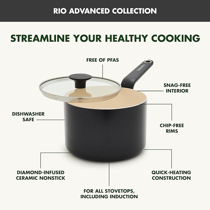 GreenPan Rio Advanced 2QT Saucepan with Lid, Ceramic Nonstick PFAS-Free Pans, Induction Ready, Dishwasher and Oven Safe, Black
