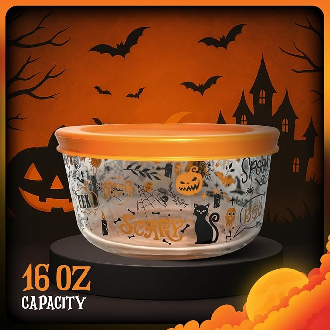 Halloween Glass Food Storage Containers with Lids | Set of 6 (3 Containers + 3 Lids) 2-Cup | Spooky Design, BPA-Free, Microwave & Dishwasher Safe|Perfect for Meal Prep, Snacks & Leftovers
