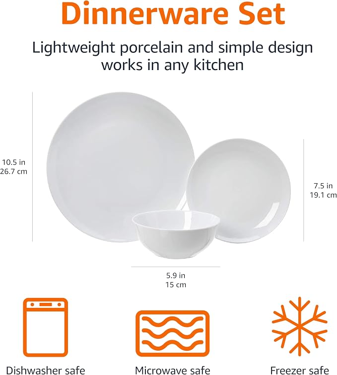 Amazon Basics 18-Piece Complete Kitchen Dinnerware Set, Microwave and Dishwasher Safe, Plates, Dishes, Bowls for Everyday Use, Service for 6, White Porcelain Coupe