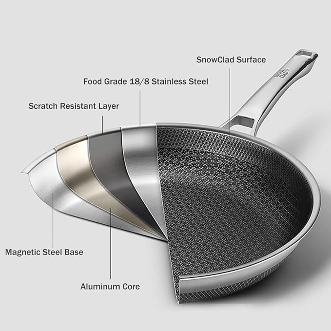 SNOWCLAD Frying Pan with Lid, 10 Inch Hybrid Non Stick Stainless Steel Skillets, Dishwasher Induction Oven Broiler Safe, Non Toxic Chef's Pan, PFOA Free Cookware
