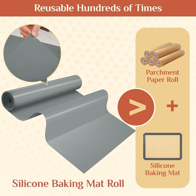 GTJ Silicone Baking Mat Roll, Reusable Baking Sheet Liners, 20 in x 6 ft | Free Cut to Size, Food-Grade, Non-Stick, Non-Slip, For Dough, Pastry, Air Fryer, Freeze Dryer, Oven Pan, Kitchen Counter