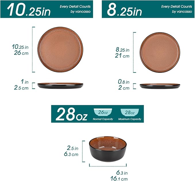 vancasso Plates and Bowls Sets, 18 Pieces Stoneware Dinnerware Sets for 6, Kitchen Dish Set Mircowave and Dishwasher Safe Ceramic Dishware, Dark Brown, Series AMBER