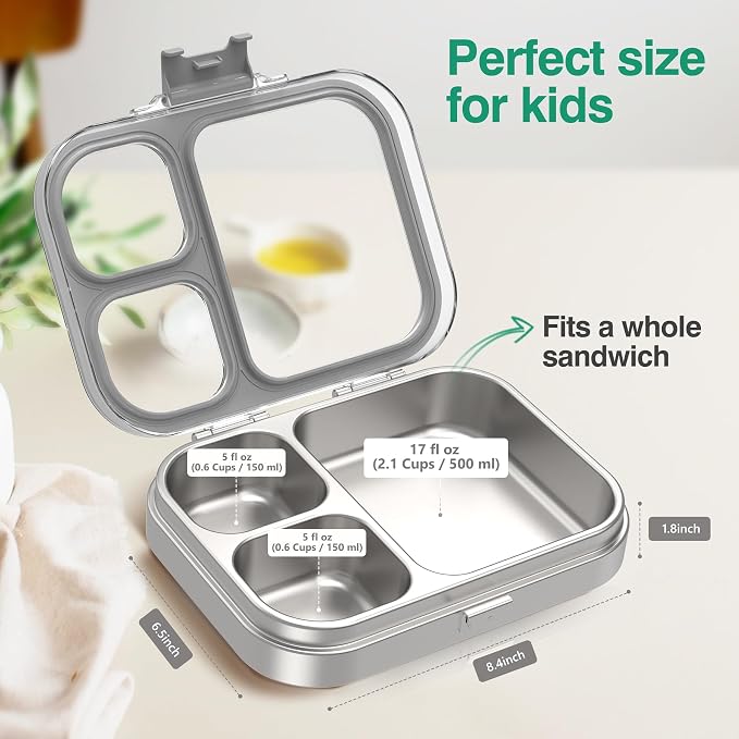 HOMEKOL Stainless Steel Bento Lunch Box, Grey, 3.3Cups | 3-Compartment,Leak-Proof, for Kids & Adults, BPA-Free, Dishwasher Safe, Clear Tritan Lid, 800ml (Not Insulated)