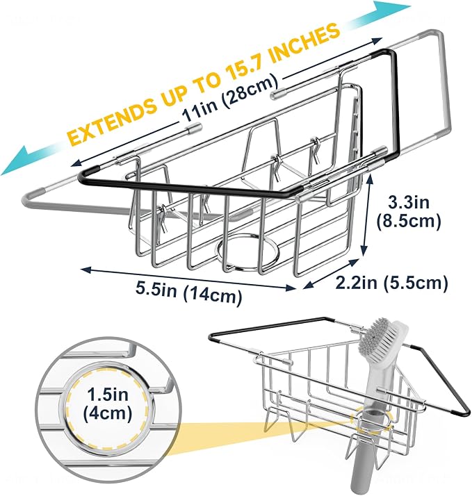 NiHome Adjustable Corner Caddy, Sponge Holder for Kitchen Sink | Rustproof 304 Stainless Steel Storage with Extendable Arms and Open Drainage for Rapid Drying of Brushes and Soap Bars