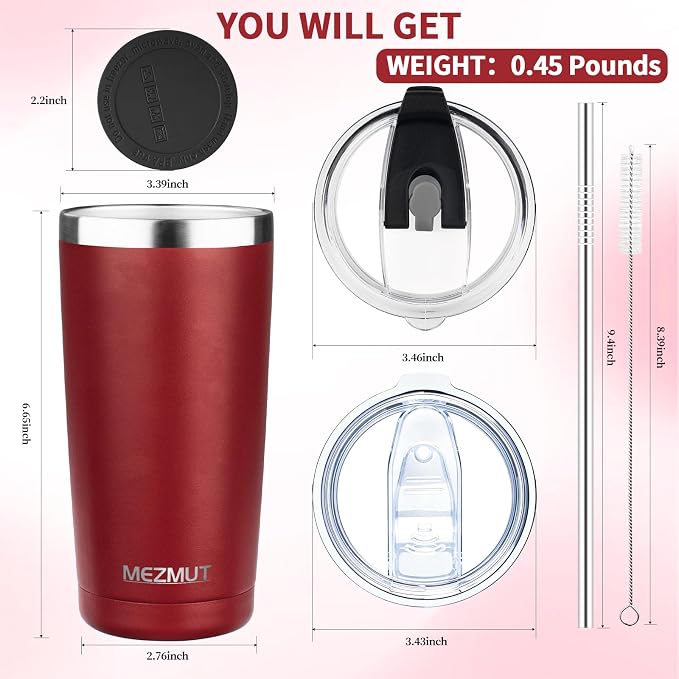 MEZMUT 20oz Insulated Tumbler Cup Travel Coffee Mug with Lid Straw(Red,1) | 18/8 Stainless Steel Double Wall Vacuum Spill Proof Metal Insulated Tumbler with Daul Lid and Straw, Hot or Iced Coffee Cup