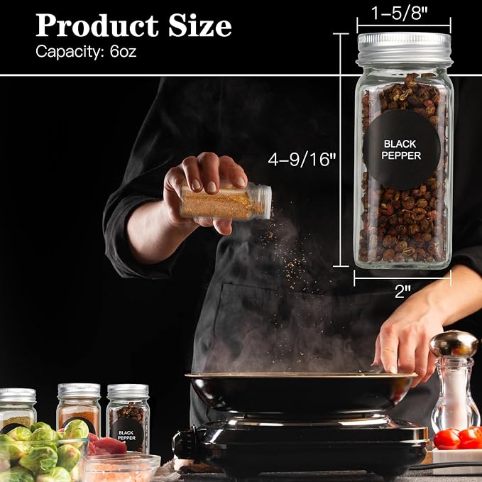 DkOvn 12pcs Glass Spice Jars with Labels, 6oz Empty Spice Jars | with Mental Caps, Shaker Lids, Collapsible Funnel, Chalk Pen, Seasoning Organizer for Spice Rack