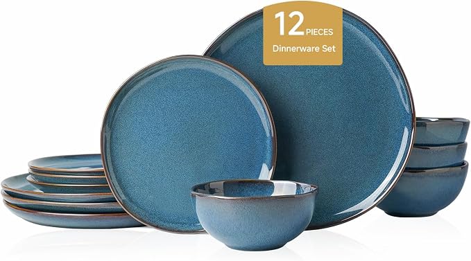 Stoneware Dinnerware Sets for 4, Reactive Glaze Plates and Bowls, Blue | 12-Piece Handcrafted Rustic Porcelain Dishes Set, Highly Scratch Resistant, Dishwasher & Microwave Safe