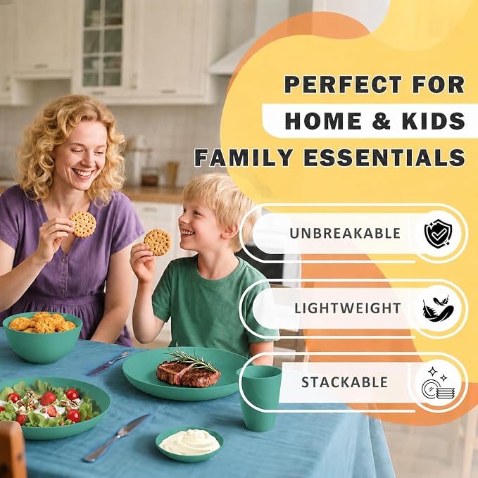 Unbreakable Wheat Straw Dinnerware Set 16 PCS - Kids Plates and Bowls Set for 4,Dishwasher & Microwave Safe Lightweight Toddler Plates and Bowls Set for Party Camping Kitchen - Green