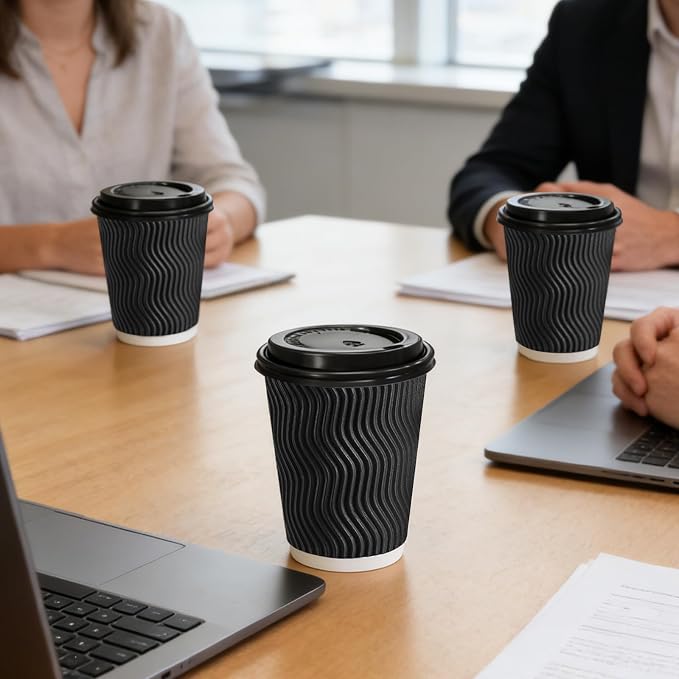 Lamosi 50 Pack 10 oz Disposable Coffee Cups with Lids and Straw, Black | Insulated Corrugated Ripple Wall Hot Cups with Lids for Hot Drink, Office, Coffee Bars, Meetings, and Short To-Go Use
