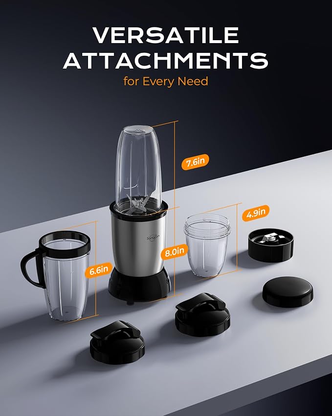 Sangcon 1000W Personal Smoothie Blender, Protein Shakes, Home & Gym, Silver | 37/32/22 oz BPA-Free To-Go Cups with 8-Leaf Blade and Flat 2-Blade Grinder: Ice, Sauces, Coffee, Nuts, Grains, Seeds, Spices