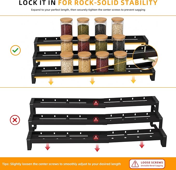 2 Pack Spice Rack Organizer for Cabinet, 13-21.5" Expandable Spicy Shelf | 9.45" Depth 3-Tier Black Metal Seasoning Organizer, Kitchen Spice Organization, Slip-Resistant Guardrails for Jars and Cans