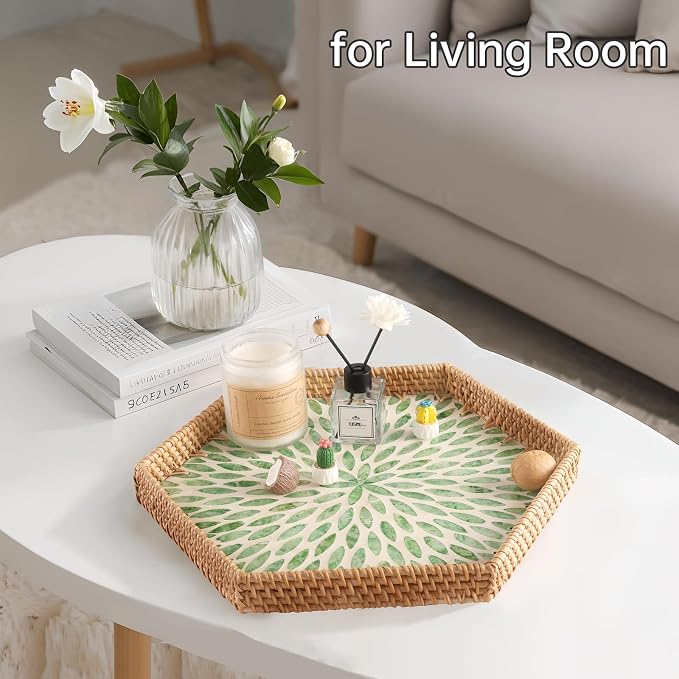 Hexagon Rattan Tray with Mother of Pearl Inlay, Rattan Serving Tray for Coffee, Bread, Fruits, Snacks, Decorative Wicker Tray for Table Decor, Home Decor (Green Leaves, 14.5"×12.8")