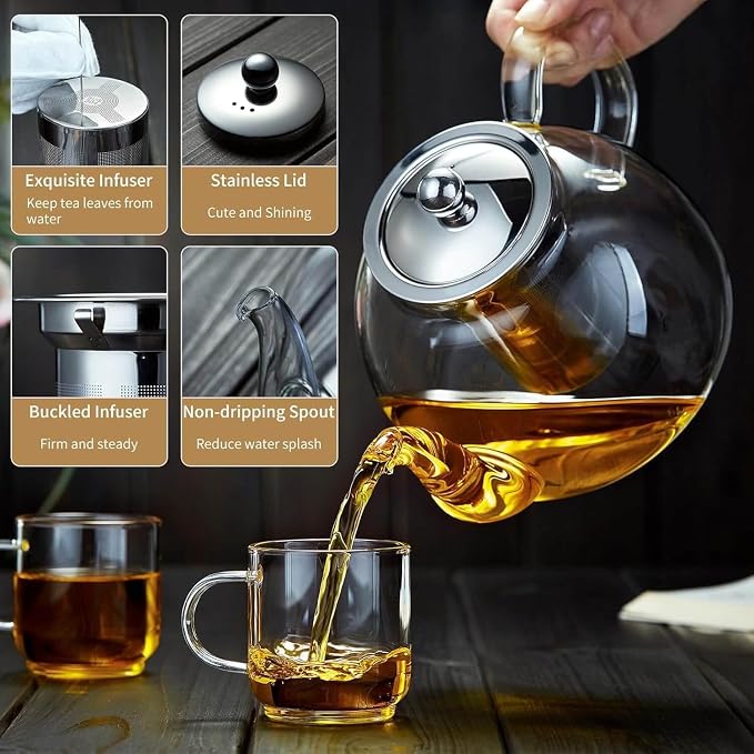 DOPUDO Glass Teapot with Infuser 60OZ (1800ml) Stovetop Safe, Clear Glass Tea Pot Kettle, Borosilicate Tea Pot with Infusers Filter for Loose Tea, Tea Kettle Dishwasher Safe