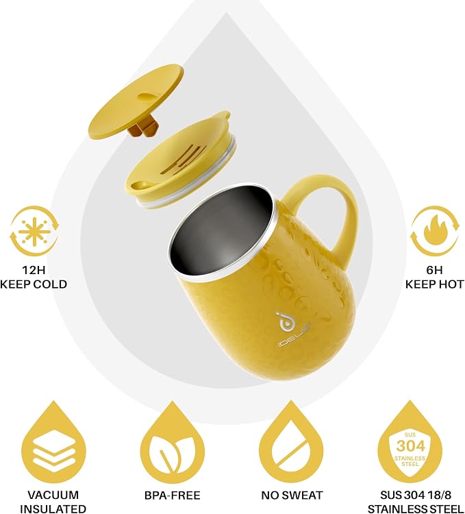 Ideus 16 oz Insulated Coffee Mug with Handle and Lid, Double Wall Stainless Steel Vacuum Thermal Coffee Mug, Travel Coffee Cup Thermal Cup for Home and Office, Leopard Yellow