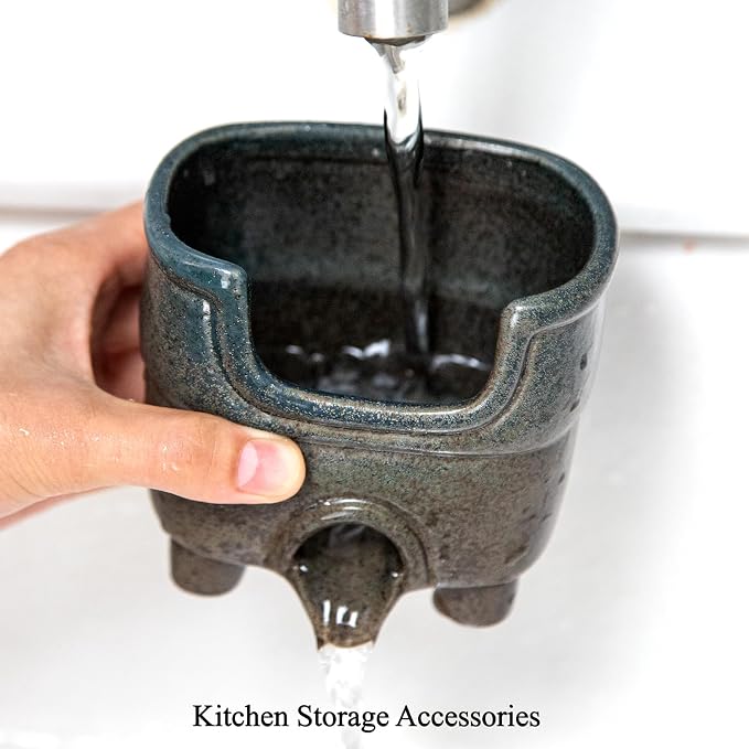 Ceramic Sponge Holder with Drainage，Farmhouse Sink Caddy | Self Draining Organizer for Sponges, Soap, Brushes. Compact Rustic Kitchen Accessory Keeps Counter Dry & Tidy. Country Blue