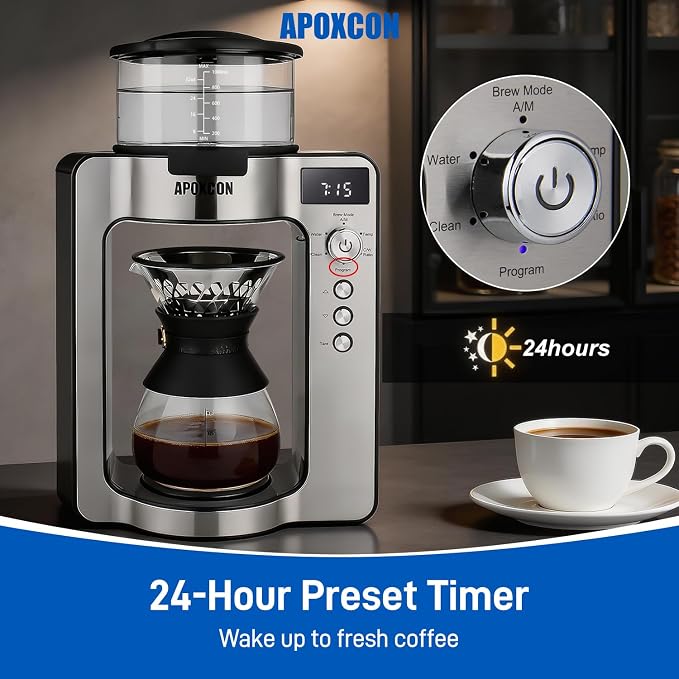 APOXCON Automatic Drip Coffee Maker for Coffee Enthusiasts -Pour Over Coffee Brewer with Programmable Timer, Hand Drip Simulation, Adjustable Strength, Built-in Scale, Glass Water Tank & Carafe