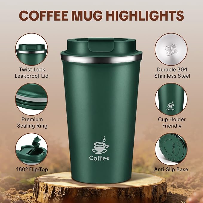 17oz Travel Coffee Mug ,Leakproof Vacuum Coffee Cup Insulated Tumbler | 304 Stainless Steel, Double-Wall Vacuum Insulated, Leakproof, Fits Hot & Cold Drinks Car Cup Holders, Travel, Office