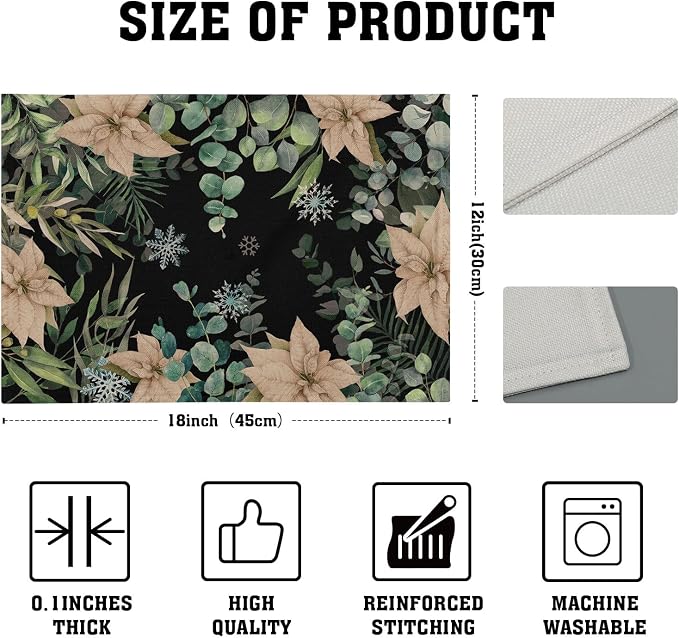 Watercolor Eucalyptus Flower Table Placemats Set of 4，Blue Snowflake Placemat for Dining Table，Washable Table mats for Winter Holiday Birthday Party Decor，12x18 Inch
