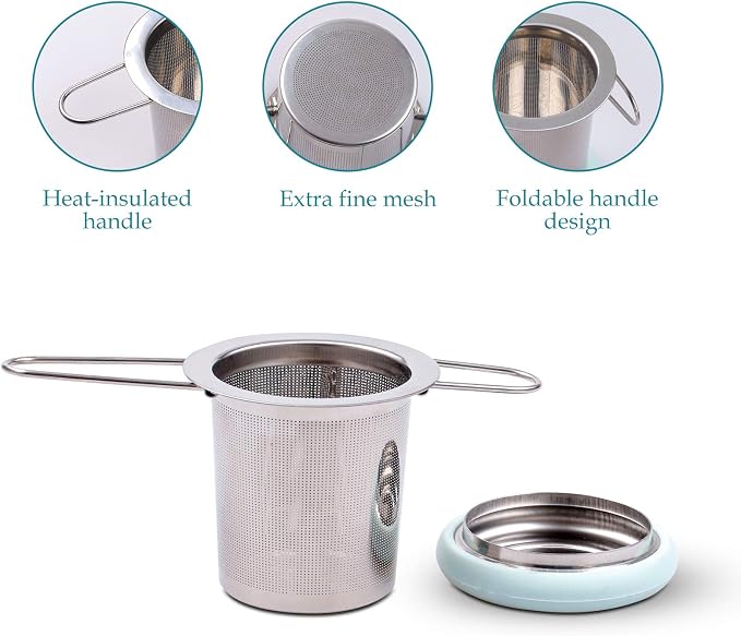 Tea Infuser Stainless Steel Tea Strainer Folding Handle Tea Filter Extra Fine Mesh Strainer Brewing Basket with Lid for Loose Leaf Tea (Light Blue) …