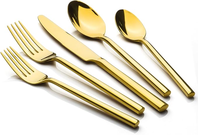 Alata Potter Gold 20-Piece Forged Silverware Set, Service for 4, Stainless Steel Flatware Set, Modern Design with Mirror Finish, Ideal for Home, Kitchen, Party, Camping